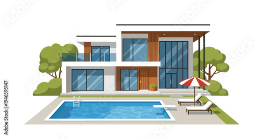 Modern luxury villa with private swimming pool and lush outdoor landscaping featuring contemporary architectural design and serene recreational