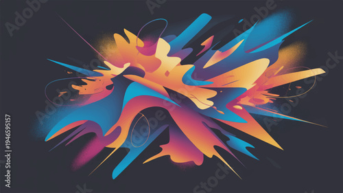 Vibrant abstract digital art with colorful brushstrokes in blue orange and pink hues on a dark background creating a dynamic and expressive visual effect