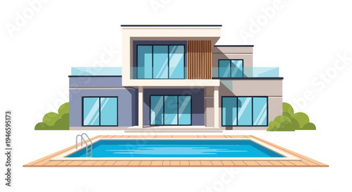 Contemporary multi-level residential property with expansive glass facades and a sparkling blue outdoor swimming pool for luxurious living