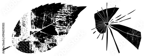 Black and white halftone leaf with vein detail, paired with cracked glass fragment graphic, vector art, isolated elements, graphic design assets, texture overlay, illustration.