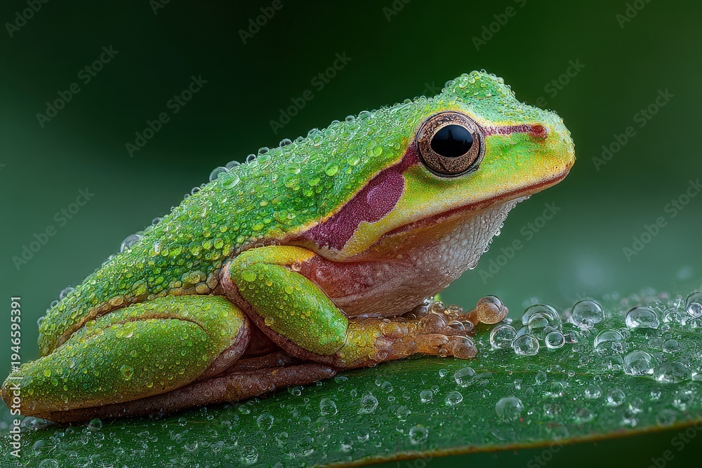 Obraz premium Frog resting on a wet leaf, macro photography look