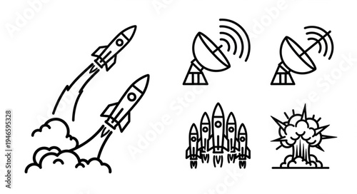 Set of rocket and satellite dish icons for space exploration.
