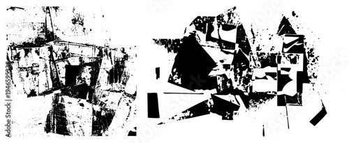 Broken geometric shapes with high contrast texture, abstract art piece, digital glitch effect, halftone distortion, design, vector art.