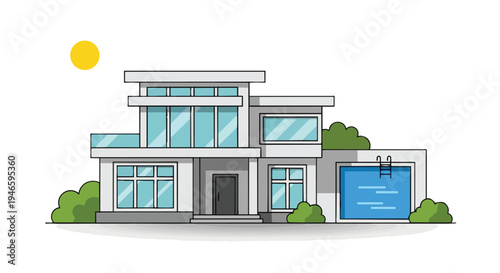 Elegant modern dwelling artwork featuring spacious glass panels, a serene private pool, and green shrubbery