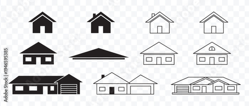 House and Home Icons Set. Modern Minimalist Vector Collection of Residential Buildings, Real Estate, and Property Symbols. Outline and Silhouette Designs