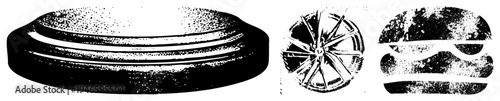 Stylized halftone vector graphics car wheel, burger, circular object, retro design, black and white, graphic elements, isolated symbols.