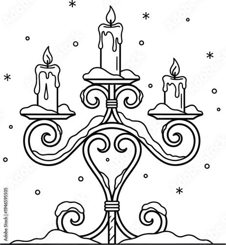Black and white illustration of a candelabra with three candles and snow
