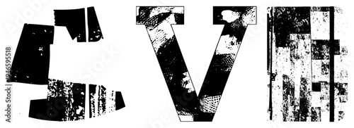 Graphic typography featuring fragmented letters with gritty halftone, bold sans serif design, vector art, isolated characters, distressed texture, typographic elements.