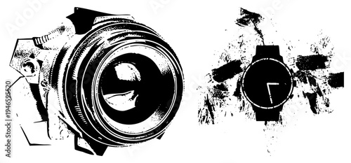 Graphic design featuring camera lens and wristwatch with gritty halftone texture, vector art, tech and timepiece, isolated digital illustration.