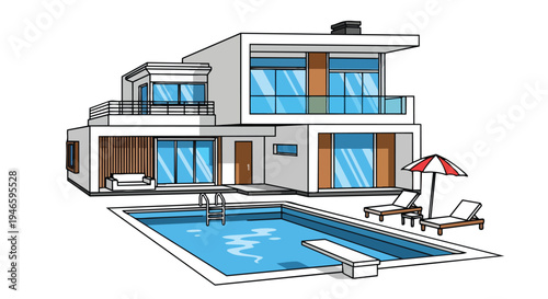 Modern illustration of a luxurious two-story residence, featuring a sparkling blue pool, diving board, lounge chairs, and parasol