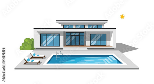 Vibrant illustration of a sleek minimalist villa featuring expansive glass facades and a sparkling blue swimming pool bathed in warm sunlight