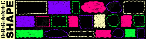 Sketchy shape and rectangle create a frame, organic and wavy motion with square, doodle border and crayon strokes highlight shape and rectangle frame.