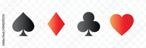 Modern Playing Card Suits Vector Icons Set. Casino Game Symbols Spade, Heart, Diamond, Club Gradient Graphics.