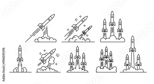 Rocket Launch Collection Line Art Icons.