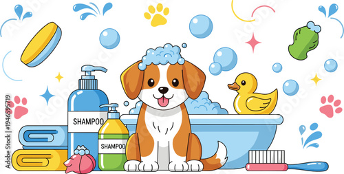 Cute cartoon puppy taking bubble bath in bathtub with shampoo rubber duck pet grooming vector illustration isolated