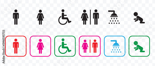 Public Facility Vector Icons Set Restroom, Shower, Disabled Access, Baby Changing, Gender Neutral and Male Female Symbols