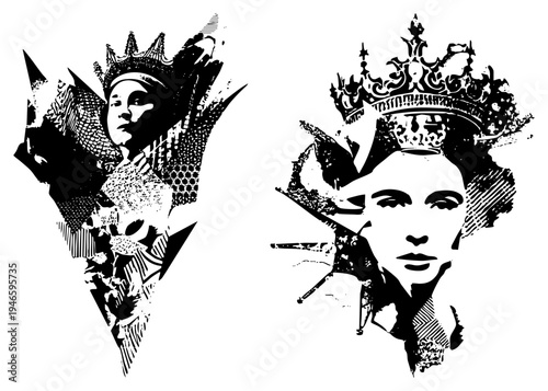 Monarch portraits wearing ornate crowns, stylized halftone, graphic art, headshots, vector illustration, black and white design,.