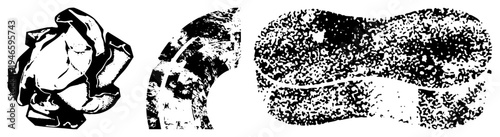 Vector halftone textures rendered in black and white, abstract organic shapes, stippled, graphic design elements, isolated foreground.