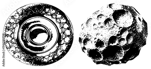 Lunar surface with craters and asteroid texture, rendered in black and white halftone, space rock illustration, cosmic terrain graphic.