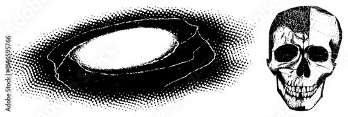 Stylized skull half toned with dots, cosmic eye with halftone gradient, vector art, graphic design, isolated symbols, glyph.