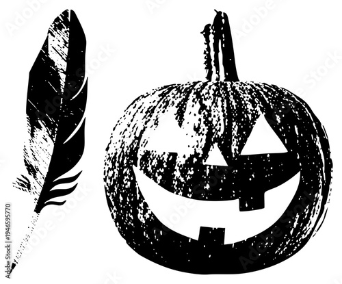 Carved jack o’ lantern with triangular eyes and grin, feather quill beside, spooky Halloween, rustic vector art, ghostly design.