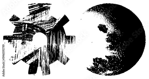 Graphic design featuring a textured gear and moon, halftone style, vector, mechanical and celestial motifs, isolated illustration.