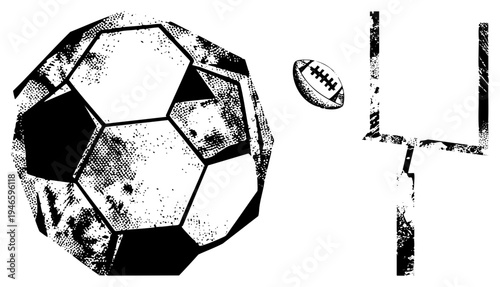 Soccer ball with hexagonal panels, American football with laces, football goal post, sports, black and white halftone graphic, athletic equipment, vector illustration.