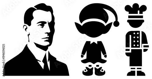 Vector silhouette of man in suit, festive elf, chef all isolated black shapes. Flat graphic design with clean, perfect for logos or print.