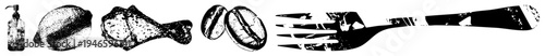 Vector of soap dispenser, lemon, chicken drumstick, coffee beans, and fork in distressed black and white, ideal for culinary apps or menu design.