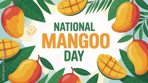 National mango day banner with colorful mangoes and leaves on white background celebrating summer fruit