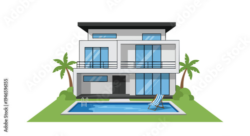 Sleek modern house with a refreshing swimming pool and vibrant palm trees creating a tropical oasis scene.