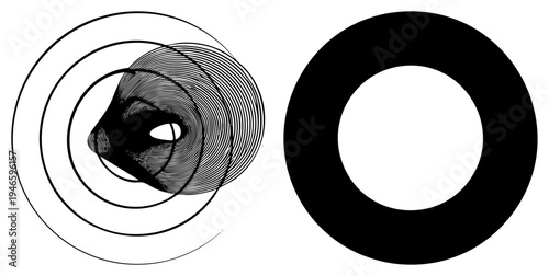 Graphic mask formed by overlapping concentric circles and halftone shading, stylized abstract face, vector art, isolated design element, illustration.