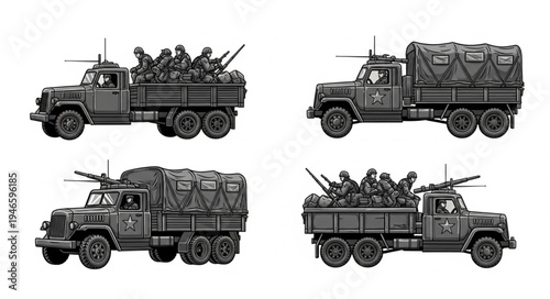 Vintage Military Trucks Carrying Soldiers and Equipment.