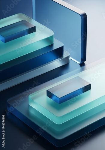 Geometric Abstract Composition Transparent Blue Glass Layers On Dark