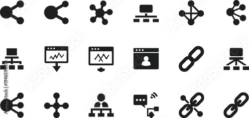 Network connection icons set, data sharing, blockchain links, digital communication technology symbols, web structure and connectivity vector collection