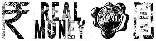 Distressed typography for money, including rupee, real money, mail seal, and gold bar, ideal for finance or design projects. Alternatives cash symbols, wealth graphics, asset logos.