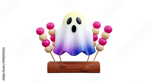 Surprised Ghost Character with Skewered Snacks