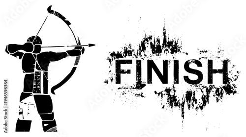 Silhouette aiming bow, target focused shooter, finish graphic, gritty typography, competitive sports emblem, black and white vector art.