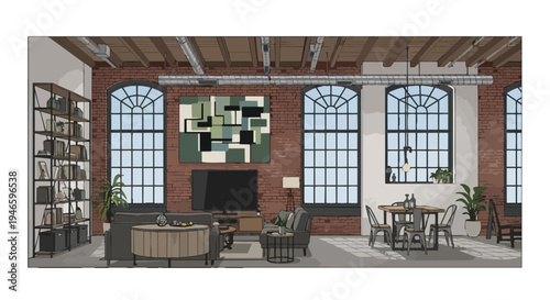 An expansive urban industrial loft interior showcasing a harmonious blend of modern living and dining spaces with exposed brick walls and lofty