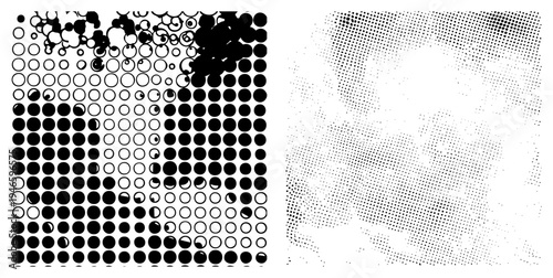 Black and white halftone dots forming gradient from grid to organic chaos, vector graphic, minimalist design, digital art, typographic texture, graphic design element.