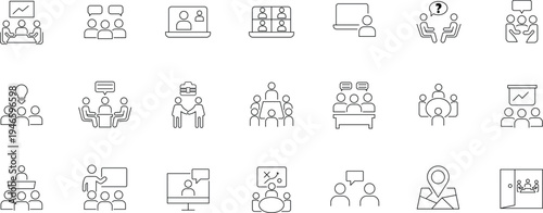 Business Meeting and Teamwork Line Icons Set – Conference, Video Call, Presentation, Collaboration Outline Vector Collection