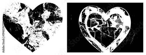 Broken heart graphic with glass fragments, distressed texture, halftone effect, isolated symbol, emotional, cracked design.