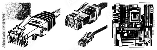 Detailed halftone vector graphics of Ethernet jacks, modular plugs, and PC motherboard components, isolated technical illustrations for digital design, engineering, or educational use.