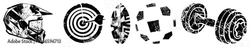 Graphic of helmet, dartboard, shield, soccer ball, dumbbell all in bold black stencil style with grunge texture, isolated vector elements for branding or UI.