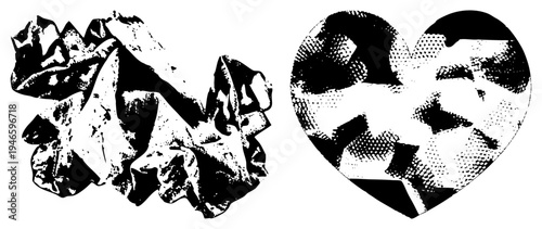 Ripped paper texture, crumpled paper graphic, halftone heart shape, black and white vector, stylized paper art, isolated design elements, pop art.