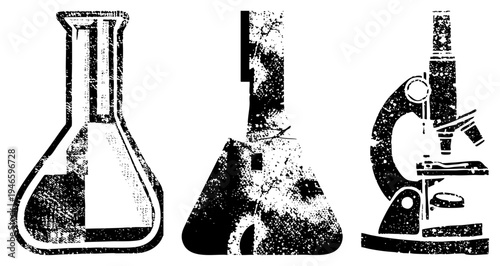 Stylized black and white lab tools including Erlenmeyer flask, conical beaker, and compound microscope with halftone texture. Scientific illustration, research symbols, academic.