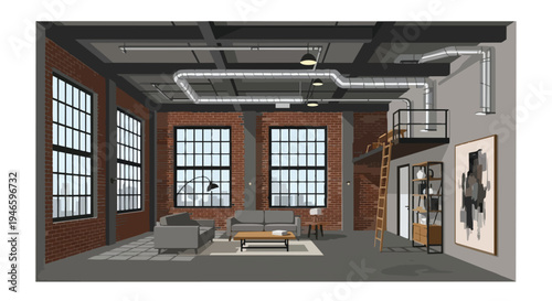 Contemporary urban loft interior design with exposed brick walls, large industrial windows, and modern furniture arrangement, creating a stylish and
