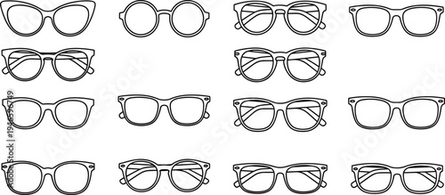 Set of various eyeglass frames and sunglasses silhouettes icons isolated on white background for optical store fashion design and accessory.