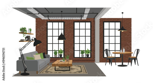 Modern industrial loft interior design featuring brick walls and spacious layout