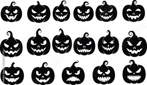 Set of spooky Halloween pumpkin silhouettes with scary faces and carved jack o lantern expressions isolated on white background vector illustration